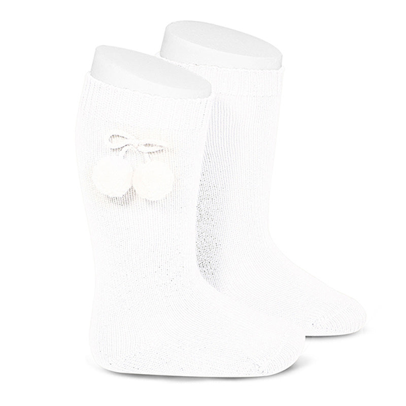 Calcetines Altos Algodón Blanco Cálido Con Borlas - Minibhu