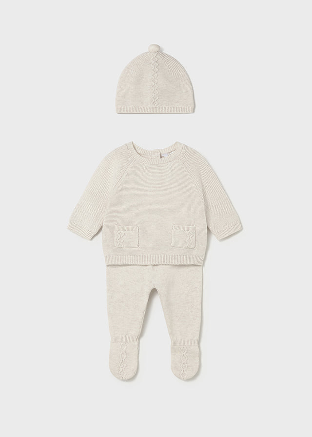 Conjunto Polaina y Gorro Tejido Beige