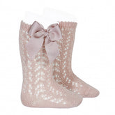 Calcetines Altos Calados Rosa Empolvado Con Lazo - Minibhu