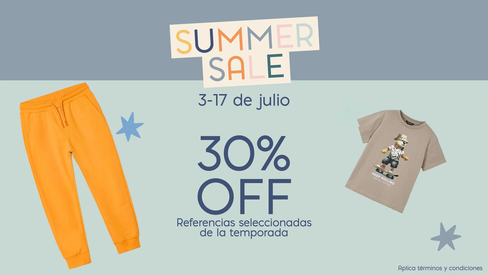 Ropa de vacaciones para niños y niñas 30% de descuento